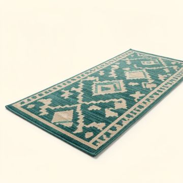 Rotz Geometric Hand Hooked Teal/Beige Indoor / Outdoor Area Rug (synthetic illustration; no displayed measurements)