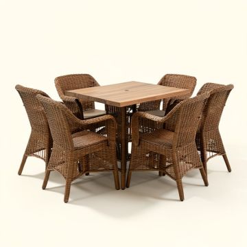 5 Pcs Rattan Wicker Bar Table Chair Set , 4 Bar Chairs And 1 Wood Grain Top Bar Table Mixed Brown (synthetic illustration; no displayed measurements)