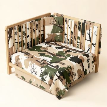 Woodland Camo 4 Piece Crib Bedding Set (synthetic illustration; no displayed measurements)