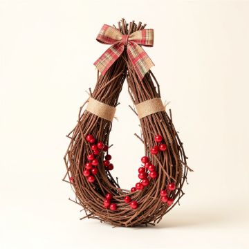 24 '' Country Rustic Twig And Red Berries With Burlap And Plaid Bow Christmas Teardrop Swag (synthetic illustration; no displayed measurements)