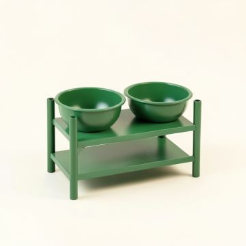 Cove Bend Pet Feeding Stand With Two Plain Empty Bowls - Green (synthetic illustration; no displayed measurements)