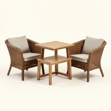 Winston Porter 3Pcs Rattan Patio Chair & Table Set Outdoor Furniture Set W/ Wooden Frame (synthetic illustration; no displayed measurements)