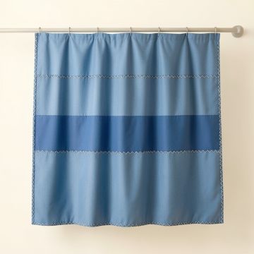 Lake Edge Shower Curtain Hanging Flat From A Plain Rod - Blue (synthetic illustration; no displayed measurements)
