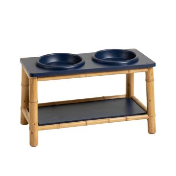 Stone Edge Pet Feeding Stand With Two Plain Empty Bowls - Navy