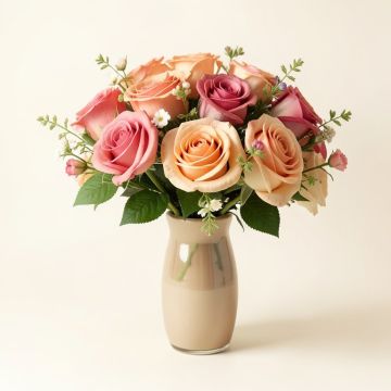 Champagne Roses Floral Arrangements And Centerpieces In Vase (synthetic illustration; no displayed measurements)