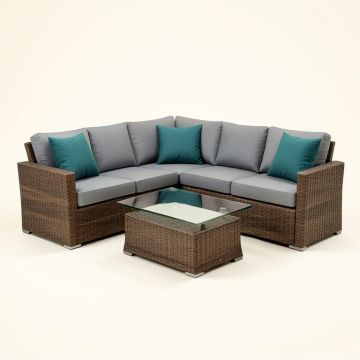 Newagen 4-Piece Outdoor Furniture Set Mottlewood Brown Wicker Sofa W Warm Gray Cushions (synthetic illustration; no displayed measurements)