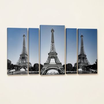 Black And White View Of Paris Eiffel Tower 5 Piece Wall Art On Wrapped Canvas Set (synthetic illustration; no displayed measurements)