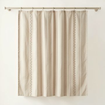 Hill Dell Shower Curtain Hanging Flat From A Plain Rod - Beige (synthetic illustration; no displayed measurements)