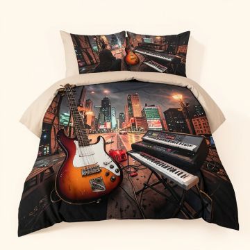 Music Bass Guitar Keyboard Urban Rock Backdrop Rhythm Of City Illustration Duvet Cover Set (synthetic illustration; no displayed measurements)
