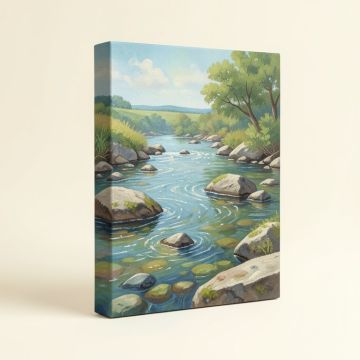River And Stones Painting Print On Wrapped Canvas (synthetic illustration; no displayed measurements)