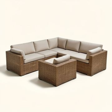 Dansk 7-Piece Modular Outdoor Conversational Furniture Set , Wicker Sectional Sofas W/ Cover (synthetic illustration; no displayed measurements)