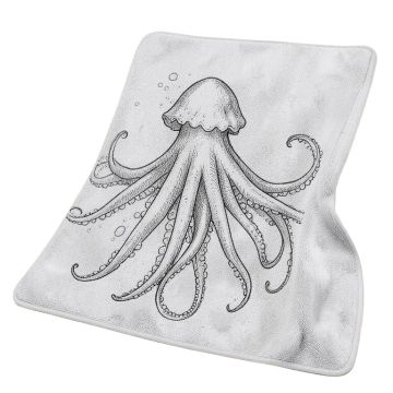 Ocean Inspired Sketch Art Of An Animal With Long Tentacles Marine Life Undersea Grey White Kitchen Mat