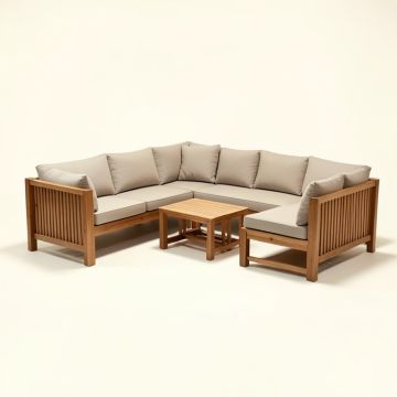 Zaina Outdoor 8 Piece Teak Sectional Seating Group With Cushions (synthetic illustration; no displayed measurements)