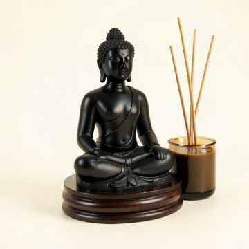 Buddha Statue With Glass Tealight Candleand And Incense Burner Holder (synthetic illustration; no displayed measurements)