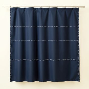 Pine Edge Shower Curtain Hanging Flat From A Plain Rod - Navy (synthetic illustration; no displayed measurements)