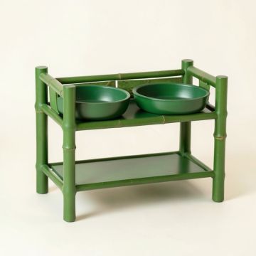 Cedar Arc Pet Feeding Stand With Two Plain Empty Bowls (synthetic illustration; no displayed measurements)