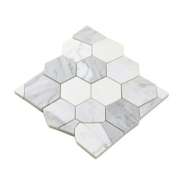 Hexagon Marble Mosaic Tile In White/Gray