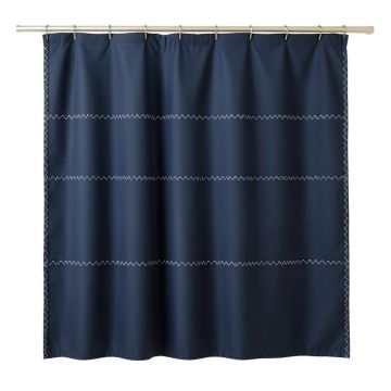 Pine Edge Shower Curtain Hanging Flat From A Plain Rod - Navy