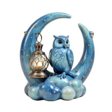 Celestial Bookworm Carrying Lantern And Owl Sitting On Crescent Moon Clouds And Stars Statue