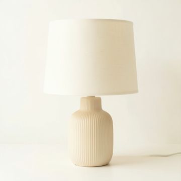 Oak Arc Table Lamp With A Plain Fabric Shade - Cream (synthetic illustration; no displayed measurements)