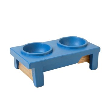 Holly Branch Pet Feeding Stand With Two Plain Empty Bowls - Blue