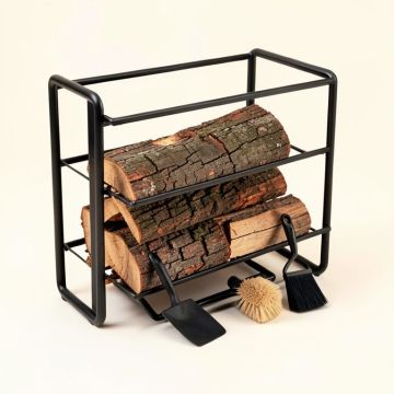 Fireplace Log Holder 2 Layer Iron Fire Wood Rack With 4 Firepit Tools Set - Brush (synthetic illustration; no displayed measurements)