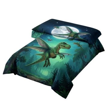 Dinosaur Cartoon Dinosaurs Flying On Full Moon Night Enchanted Forest Duvet Cover Set