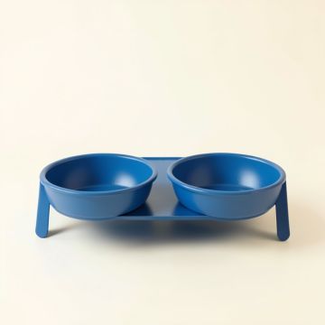 Cedar Dell Pet Feeding Stand With Two Plain Empty Bowls - Blue (synthetic illustration; no displayed measurements)