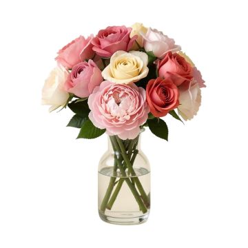 Peony Rose Mixed Floral Arrangement In Glass Vase