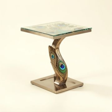 Radank 22 '' Peacock Design Glass And Metal End Table (synthetic illustration; no displayed measurements)