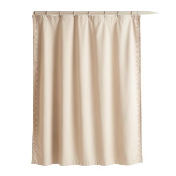 Oak Dale Shower Curtain Hanging Flat From A Plain Rod - Beige