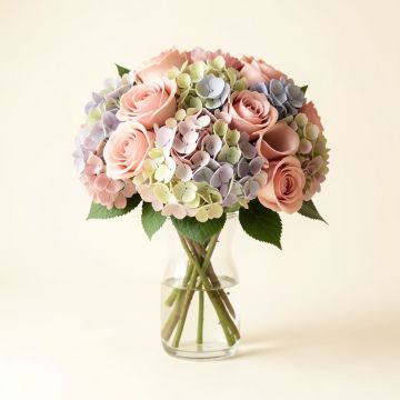 Faux Rose And Hydrangea Floral Arrangement In Glass Vase (synthetic illustration; no displayed measurements)