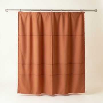 River Crossing Shower Curtain Hanging Flat From A Plain Rod - Terracotta (synthetic illustration; no displayed measurements)