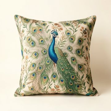Peacock Embroidered Cotton Throw Pillow (synthetic illustration; no displayed measurements)