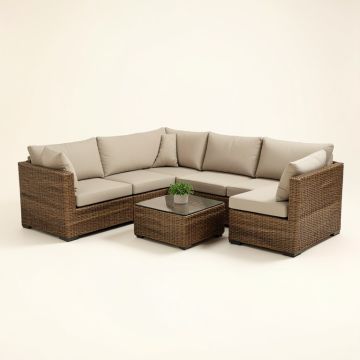 Elijah Outdoor Patio 7 Piece Rattan Sectional Seating Group With Cushions (synthetic illustration; no displayed measurements)