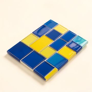 Modular Random Sized Glass Mosaic Tile In Glossy Blue/Yellow (synthetic illustration; no displayed measurements)
