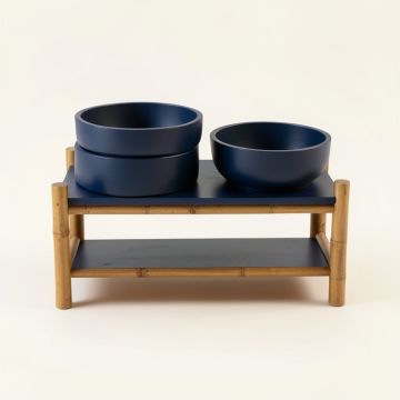 Cliff Crest Pet Feeding Stand With Two Plain Empty Bowls - Navy (synthetic illustration; no displayed measurements)