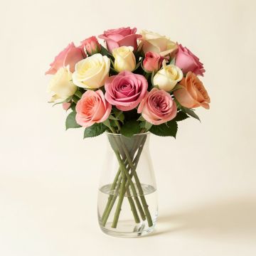 Real Touch Roses Floral Arrangements In Glass Vase (synthetic illustration; no displayed measurements)