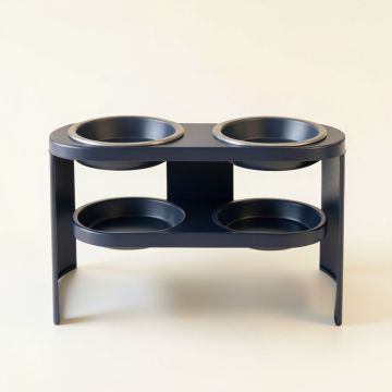 Juniper Arc Pet Feeding Stand With Two Plain Empty Bowls (synthetic illustration; no displayed measurements)