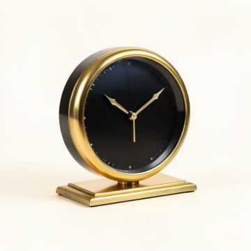 Mid-Century Modern Metal Mechanical Tabletop Clock In Gold/Black (synthetic illustration; no displayed measurements)