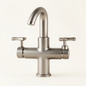 Two-Handle Widespread Bathroom Faucet With Drain Assembly (synthetic illustration; no displayed measurements)