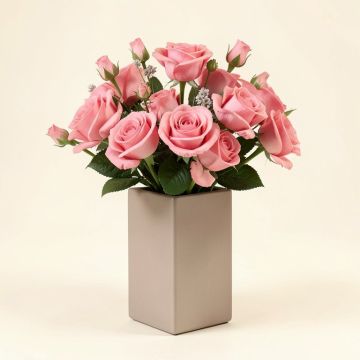 Pink Real Touch Garden Roses & Buds Water Illusion Arrangement In Moden Rectangle Vase (synthetic illustration; no displayed measurements)