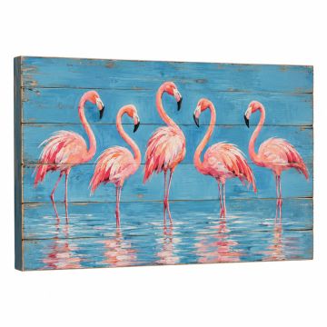 Flamingos On Blue - Print On Wood