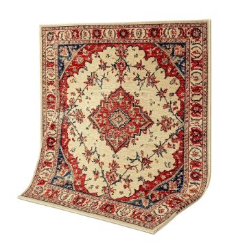 Ellari Oriental Machine Made Power Loom Wool/Polyester Beige/Red/Blue Area Rug