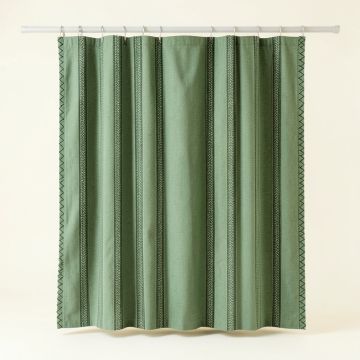 Reed Crossing Shower Curtain Hanging Flat From A Plain Rod - Green (synthetic illustration; no displayed measurements)